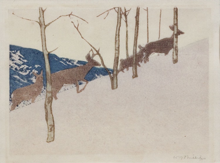 Artwork by Walter Joseph Phillips, Deer on Hillside