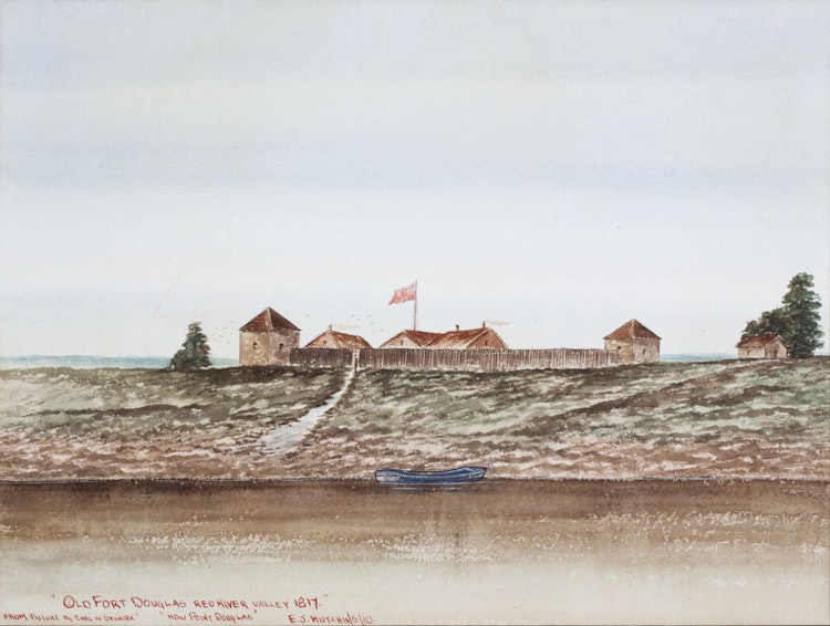 Artwork by Ernest John Hutchins,  Old Fort Douglas, Red River Valley, 1817