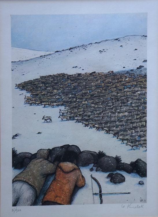 Artwork by William Kurelek,  Stalking Migrating Caribou