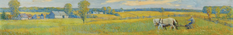 Artwork by Frederick William Hutchison,  Cutting the Mid Summer Hay