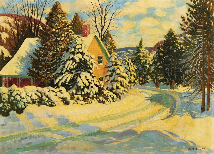 Artwork by Thomas Albert Stone,  Wintry Cottage, Credit Forks