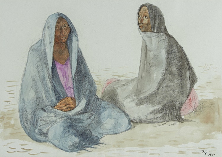 Artwork by Francisco Zúñiga, Dos Mujeres Sentadas Con Rebozos