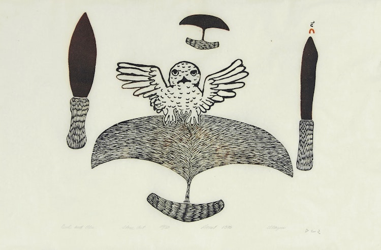 Artwork by Ulayu Pingwartok, Owl and Ulu