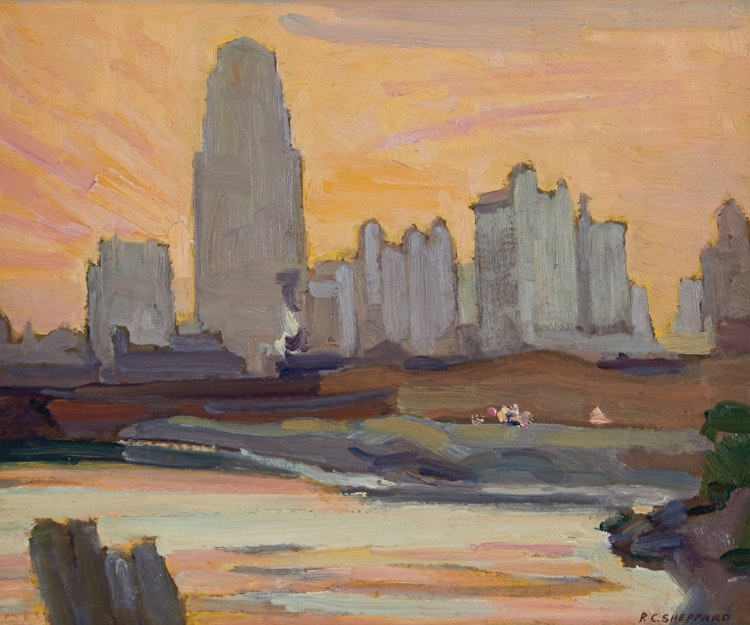 Artwork by Peter Clapham Sheppard,  Eventide, Toronto Skyline (circa 1932)