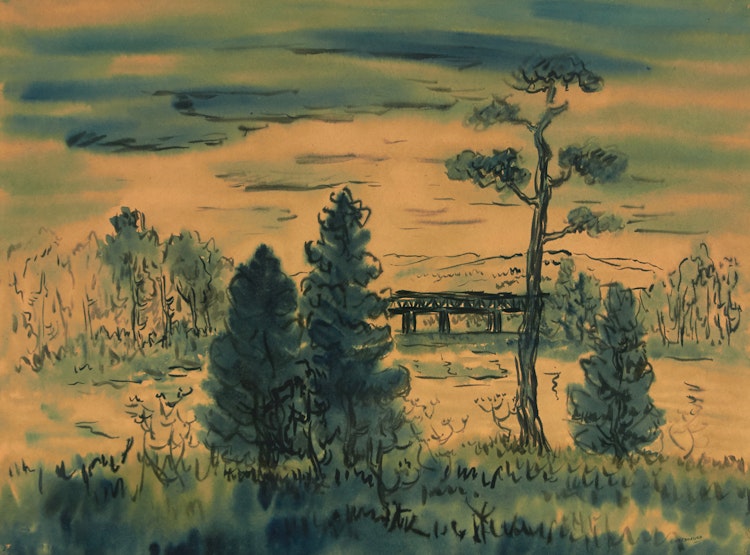 Artwork by Kazuo Nakamura, Landscape with Bridge