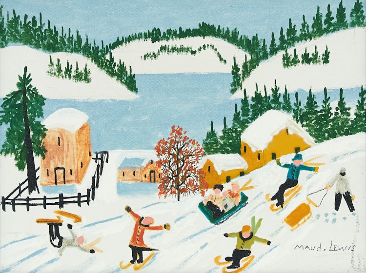 Artwork by Maud Lewis, Skiing and Sledding Scene