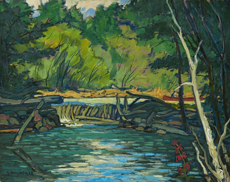 Artwork by Adolphus George Broomfield,  Dam on Buck Creek, Lake Mazinaw, Ontario