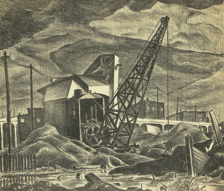 Artwork by William John Bertram Newcombe, Mother and Child on Veranda; Industrial Scene