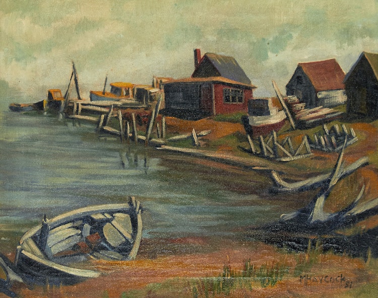 Artwork by Maurice Hall Haycock,  Fish Huts, Port Maitland, Nova Scotia