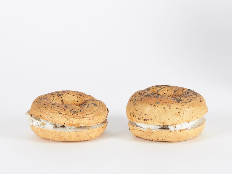 Artwork by David James Gilhooly, 2 Poppyseed Bagels with Cream Cheese