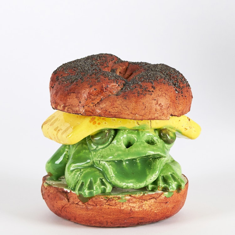 Artwork by David James Gilhooly, Frog Sandwich with Cheese on a Bagel