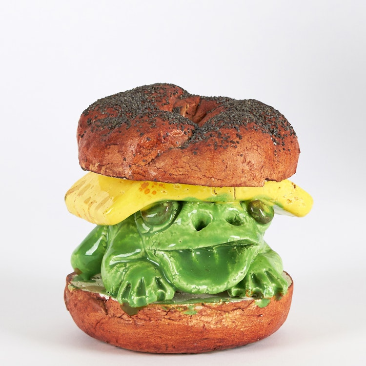 Artwork by David James Gilhooly,  Frog Sandwich with Cheese on a Bagel