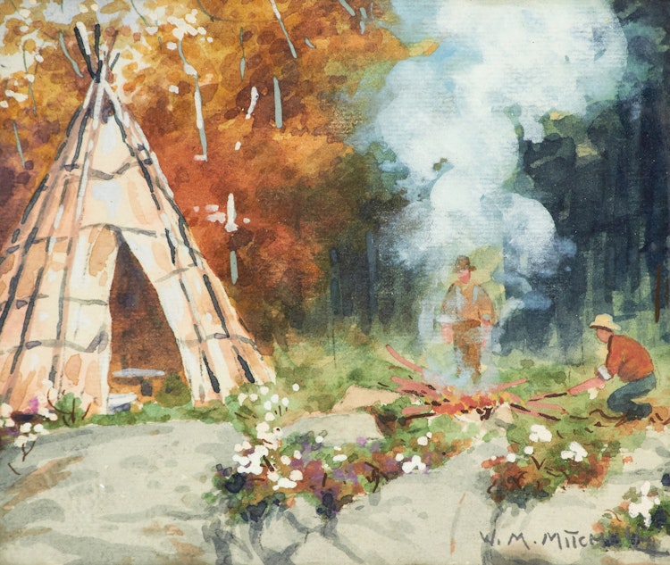 Artwork by Willard Morse Mitchell, Cooking Fish at Indian Encampment