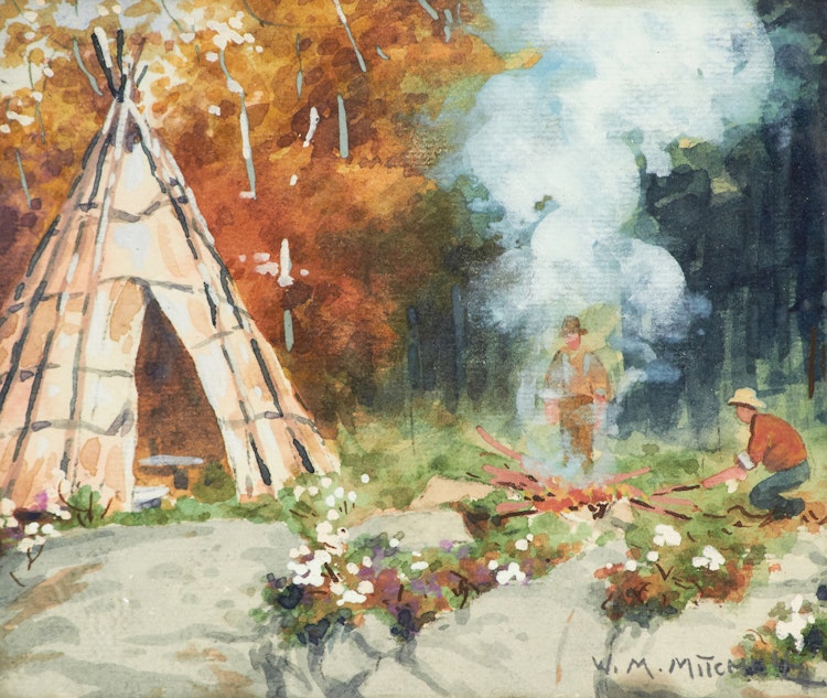 Artwork by Willard Morse Mitchell,  Cooking Fish at Indian Encampment