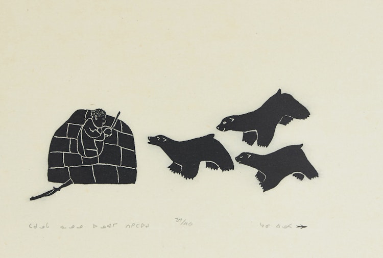 Artwork by Johnny Inukpuk, A True Story of Johnny Being Attacked by Three Bears While in His Igloo
