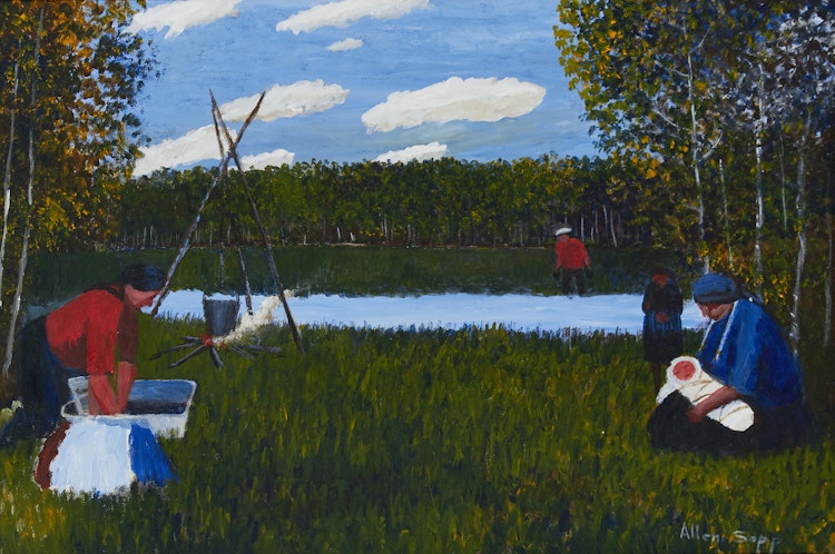 Artwork by Allen Sapp,  Daily Life by the River