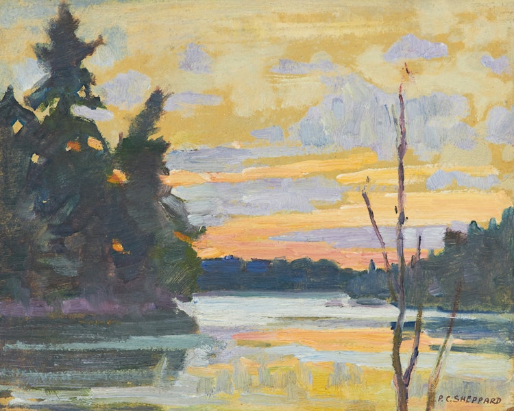 Artwork by Peter Clapham Sheppard, Sunset, Prospect Lake, Muskoka