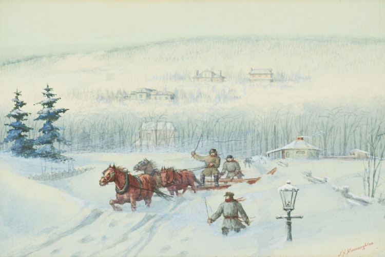 Artwork by John McNaughton,  Snow Plow, Greene Avenue, Montreal; Delivering Milk, Dorchester St., Westmount, Montreal