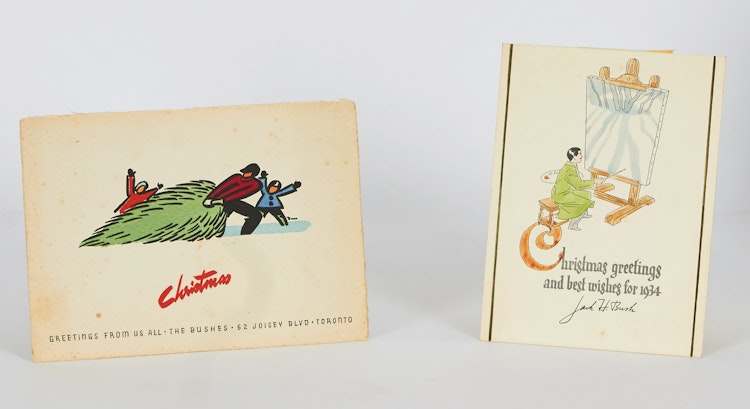 Artwork by Jack Hamilton Bush, Christmas Greetings and Best Wishes for 1934; Christmas Greetings From Us All