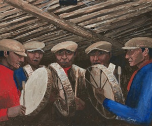 Artwork by Allen Sapp, Five Men Singing and Drumming