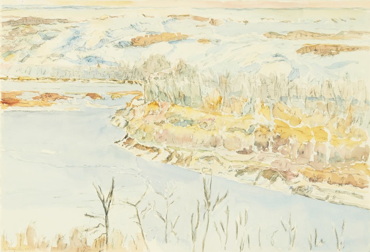 Artwork by Dorothy Elsie Knowles, Riverbank Snow