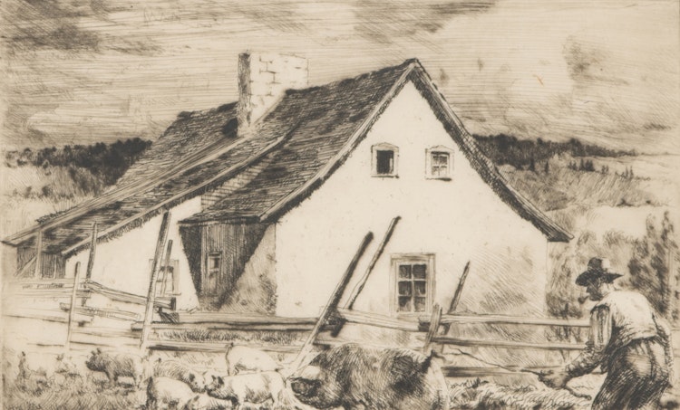 Artwork by Herbert Raine,  Pigs and a House, St. Féréol, P.Q.