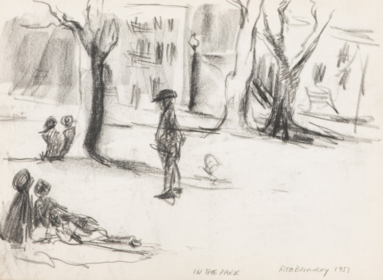 Artwork by Rita Briansky, Apple Orchard; Side Door; Joseph; In The Park; Self Portrait; Carl Sandburg