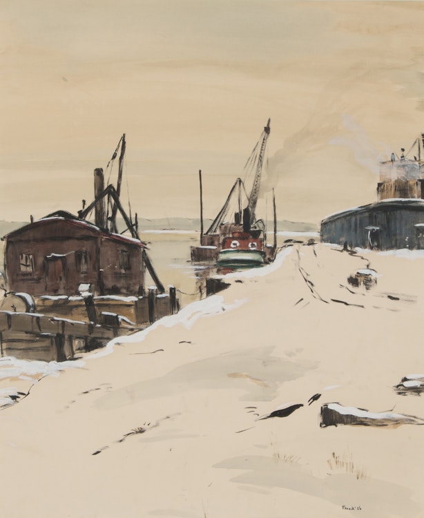 Artwork by Albert Jacques Franck, Winter Harbour Scene
