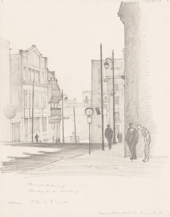 Artwork by Frederick Bourchier Taylor, Beaver Hall from Dorchester St.; Fried Potatoes, Fletcher’s Fields, Montreal; Monastary; Children Playing, Montreal