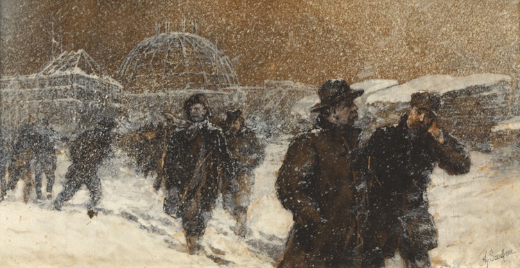 Artwork by Henry Sandham,  Walking Through the Snow