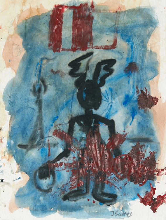 Artwork by John Scott, Bunny Man on Blue Ground