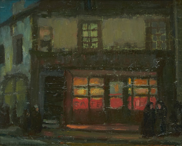 Artwork by Albert Henry Robinson,  Cafe Clare St, Servan (Night Effect) 