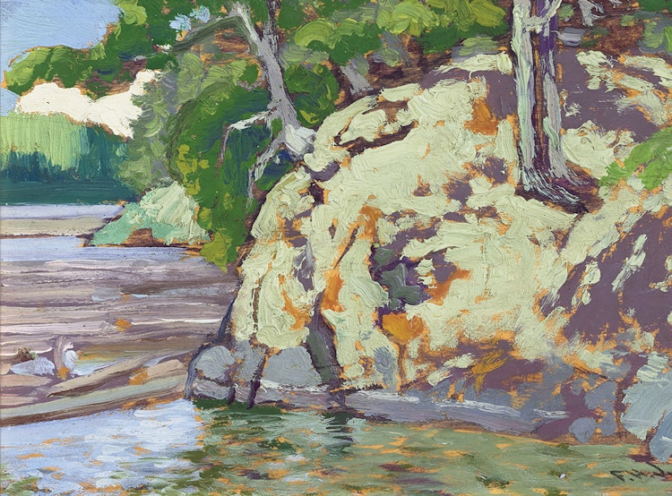 Artwork by Frank Hans Johnston, A Rocky Corner - Bryce’s Island, Lake of the Woods
