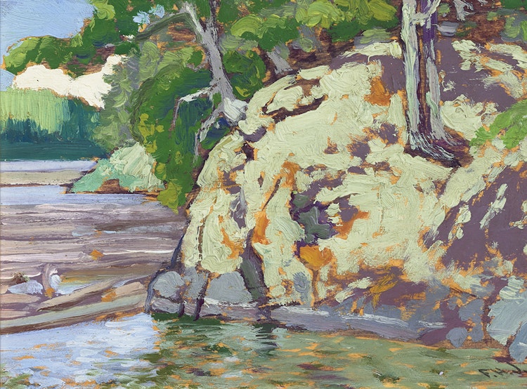 Artwork by Frank Hans Johnston,  A Rocky Corner - Bryce’s Island, Lake of the Woods