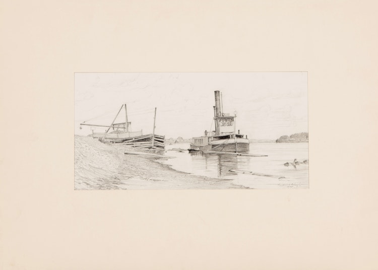 Artwork by Frederick Bourchier Taylor, Boom Tug on the Ottawa River (Study for Etching); Mex, Mother and Child (Study for a Painting); Tower Bridge, London; Sketch of a Boy