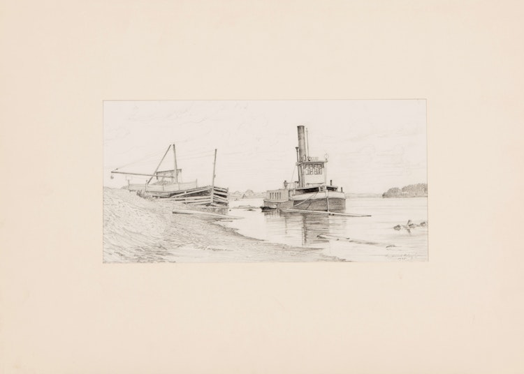 Artwork by Frederick Bourchier Taylor,  Boom Tug on the Ottawa River (Study for Etching); Mex, Mother and Child (Study for a Painting); Tower Bridge, London; Sketch of a Boy