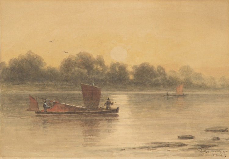 Artwork by Frederick Arthur Verner, Sailboats on the River