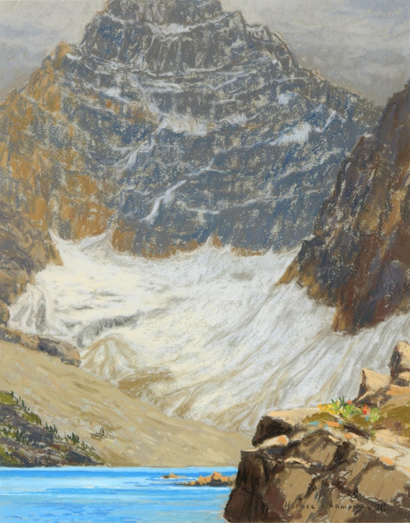 Artwork by Horace Champagne,  Mt. Biddle in Steptember, with Lake McArthur (Yoho National Park, B.C.)