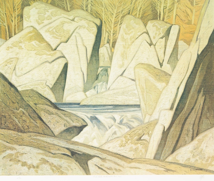 Artwork by Alfred Joseph Casson,  Late Flurry; Morning on the Key River; Rock Cluster, Madawaska River, 1963