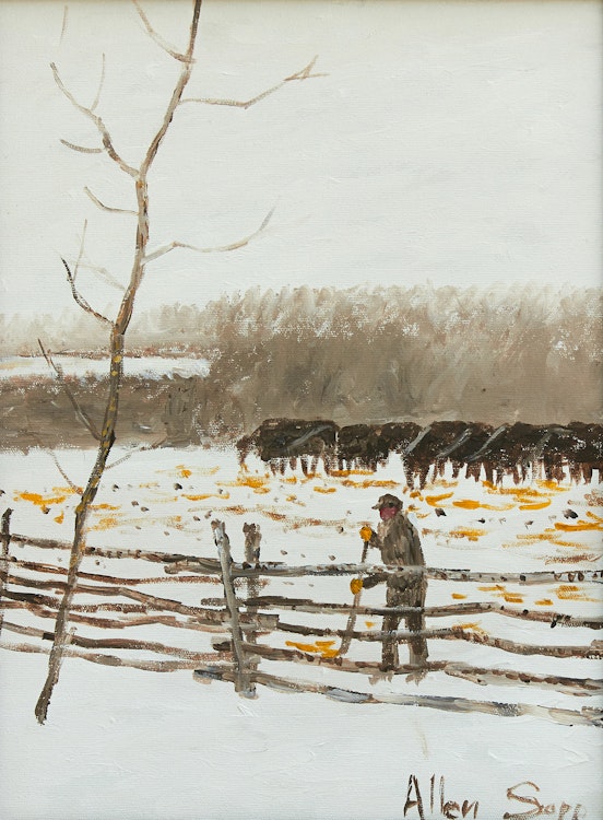 Artwork by Allen Sapp, Dad Cleaning the Corral