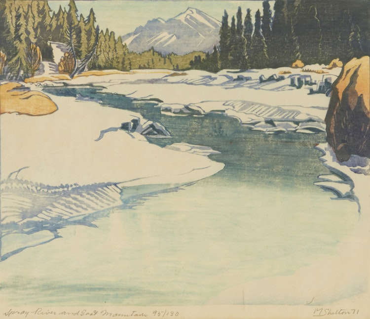 Artwork by Margaret D. Shelton,  Spray River and Goat Mountain, Banff