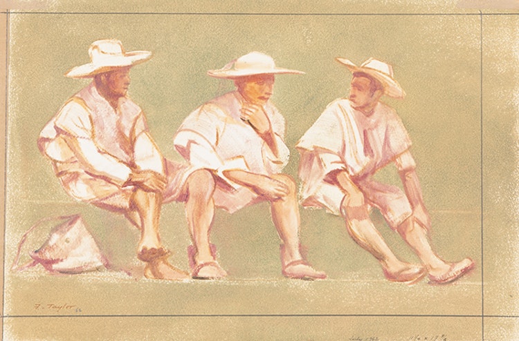 Artwork by Frederick Bourchier Taylor,  Indians in the Market; Three Men Chatting/Landscape