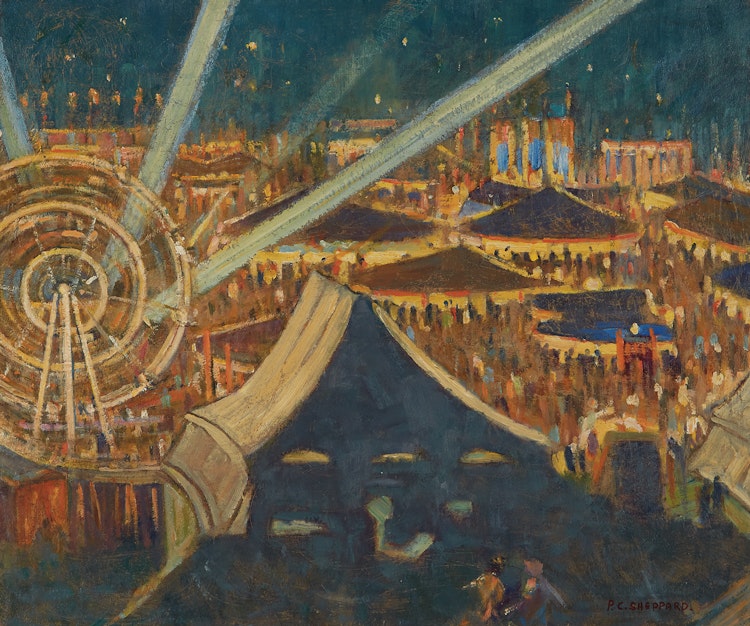 Artwork by Peter Clapham Sheppard,  Fair For Britain (Night Scene, Riverdale Park, Toronto, 1942-43)