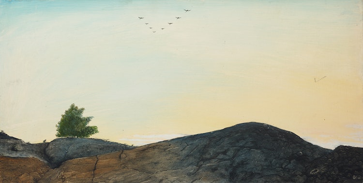 Artwork by William Kurelek,  Geese Flying South, Coniston, Ontario