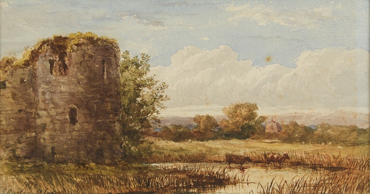 Artwork by George Harlow White, Cattle Wattering by Old Fortification