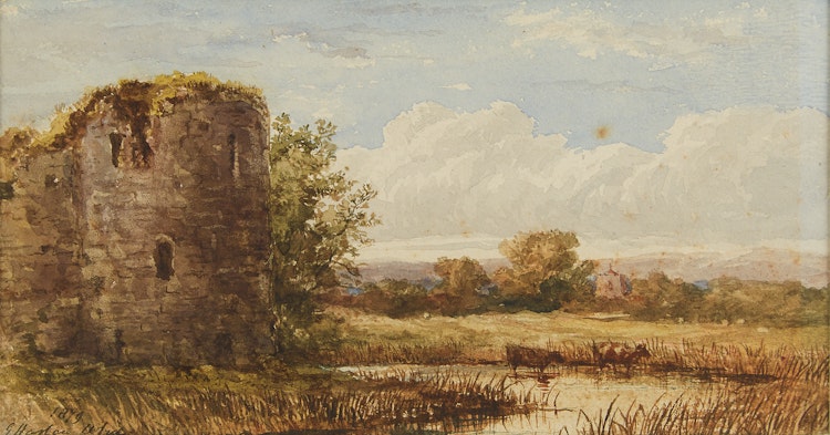 Artwork by George Harlow White,  Cattle Wattering by Old Fortification