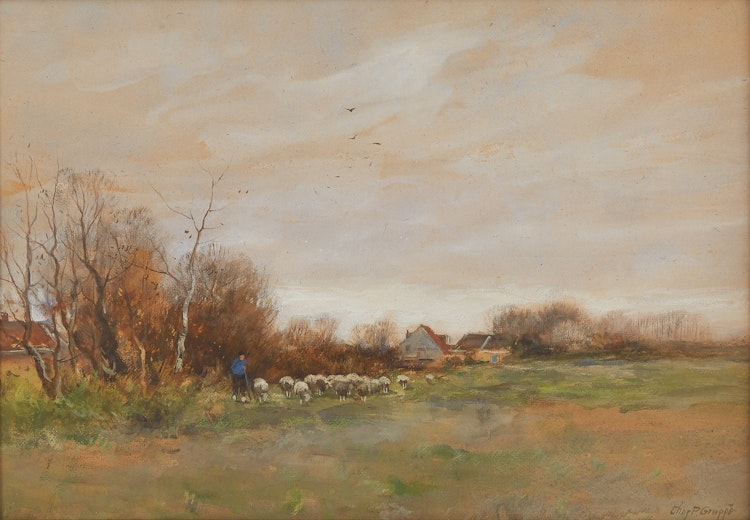 Artwork by Charles Paul Gruppe, Pastoral Landscape with Sheep