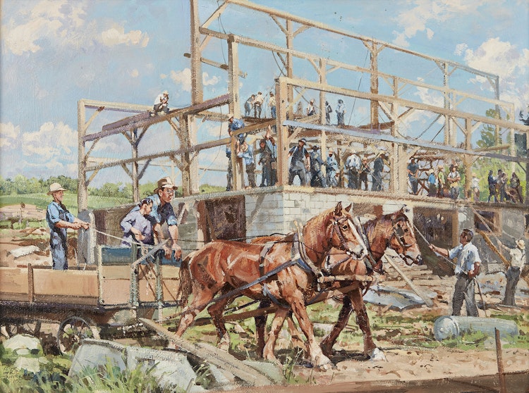 Artwork by Peter Etril Snyder,  The Barn Raising