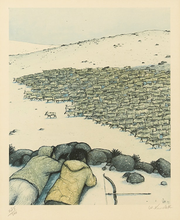 Artwork by William Kurelek, Stalking Migrating Caribou; Sky Tossing; Hunter at Breathing Hole; Story Telling