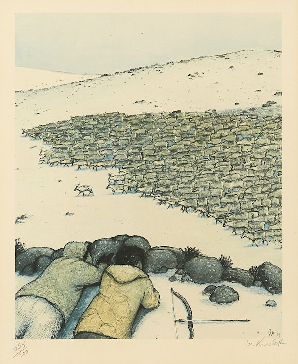 Artwork by William Kurelek,  Stalking Migrating Caribou; Sky Tossing; Hunter at Breathing Hole; Story Telling